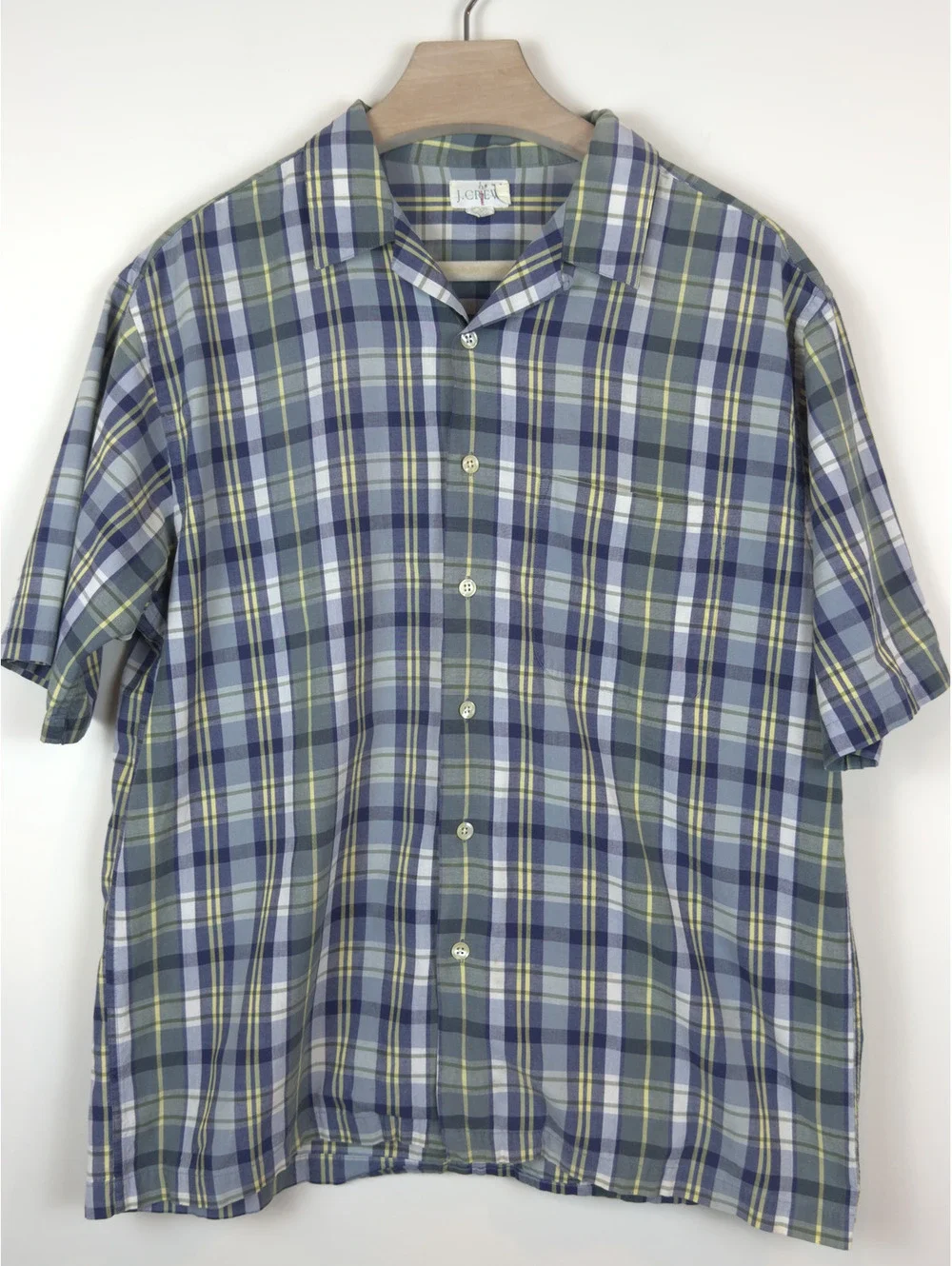 Vintage J.Crew Men’s M Plaid Short Sleeve Cotton Camp Shirt Blue Green 90s